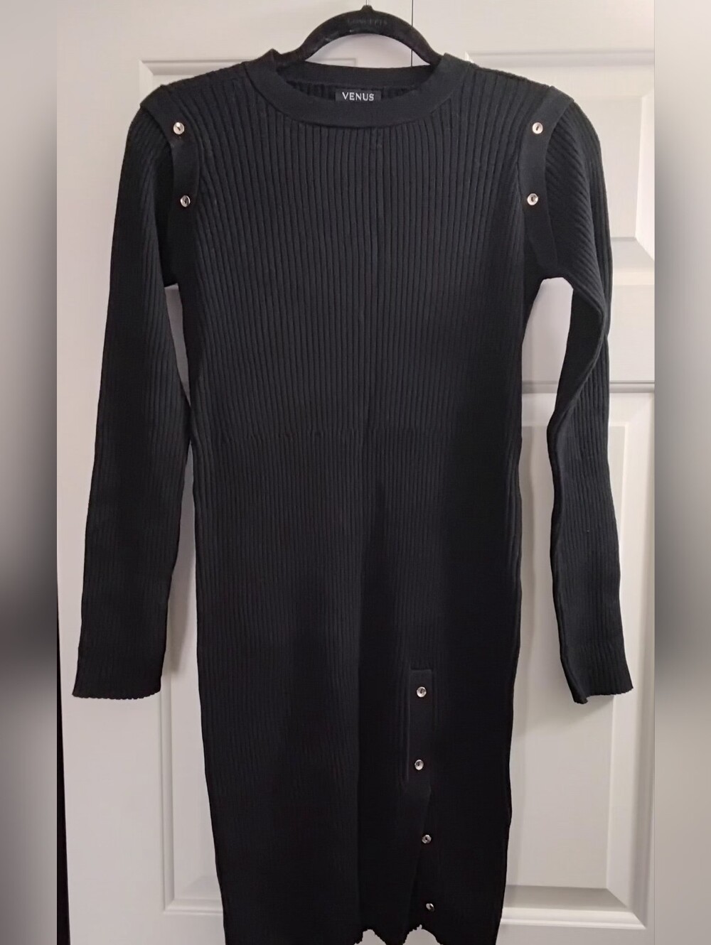 VENUS Ribbed Button-Accent Sweater Dress, Black, Small
